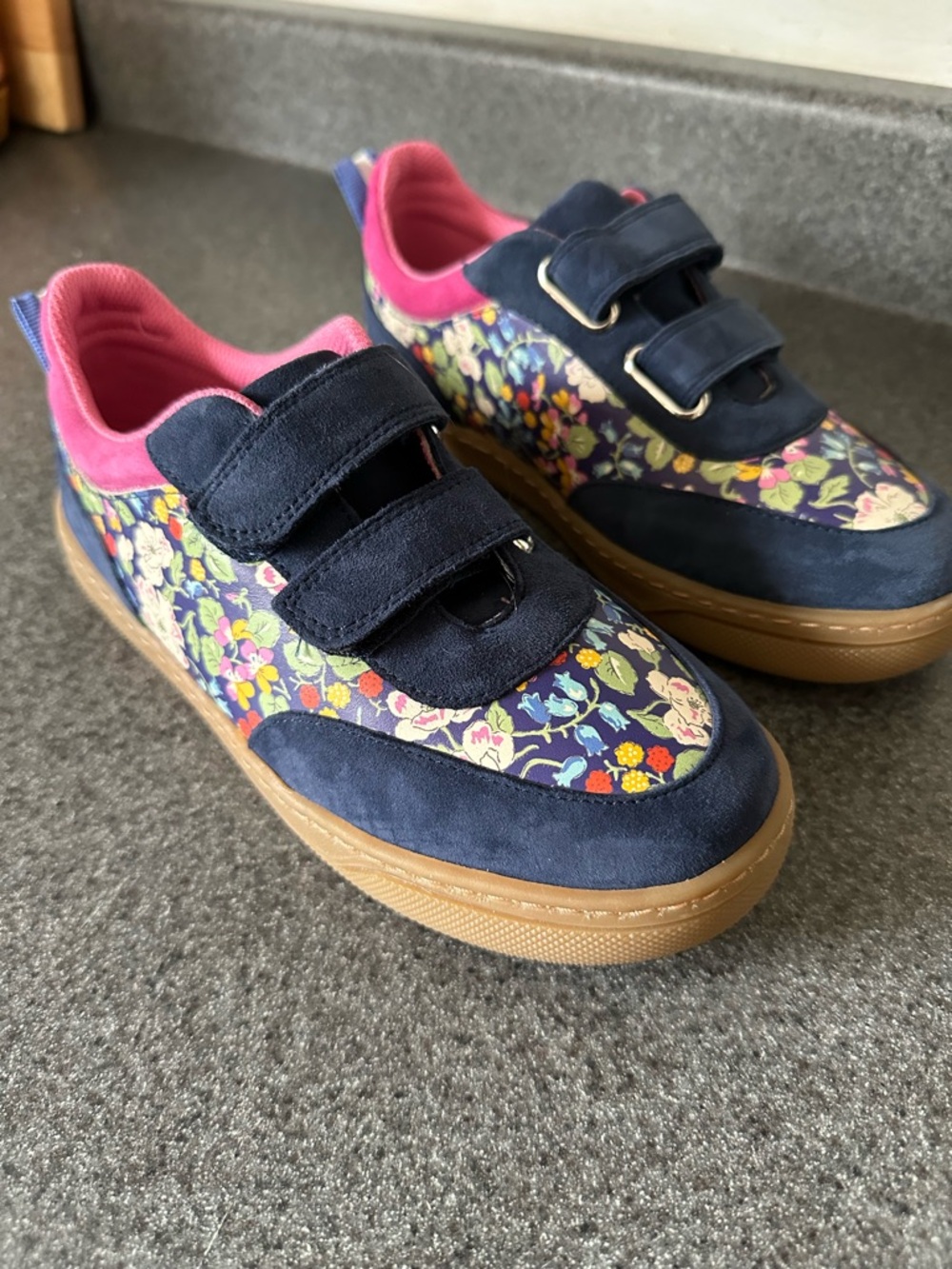 Mini Boden Navy Floral Velcro Sneakers with Pink Lining NWOT